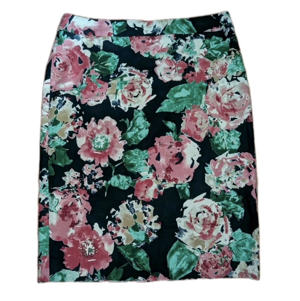 Talbots Black floral pencil skirt Size 8 stretch lined classic